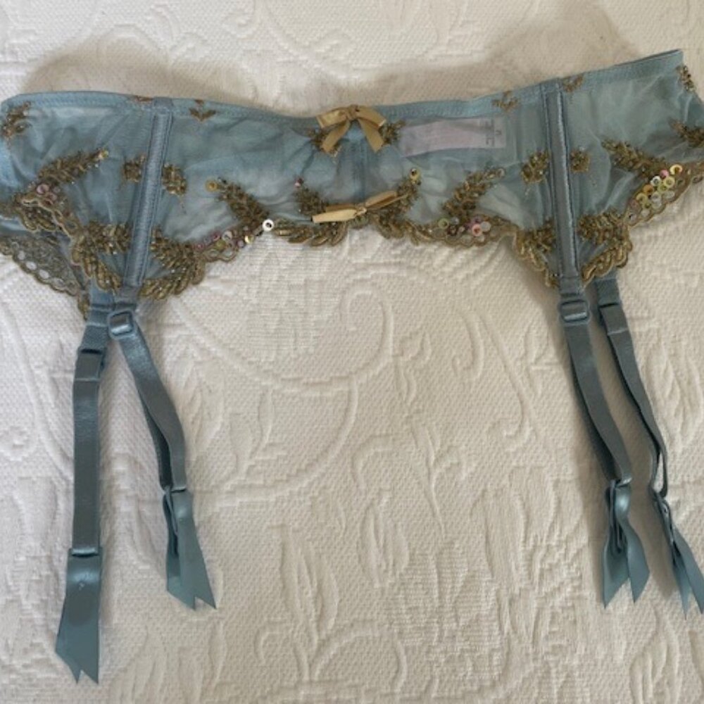 Vintage VICTORIA'S SECRET Small/Medium French Blue and Gold Garter Belt